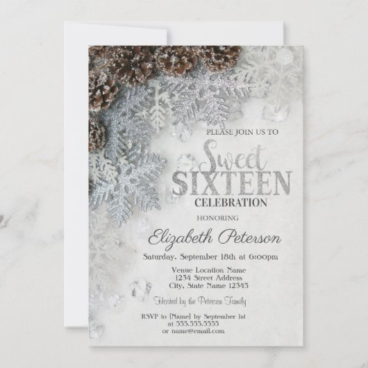 Elegant Glitter Snowflakes Pine Cones Sweet 16 Kaart (Voorkant)