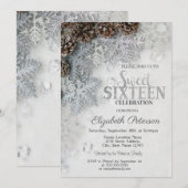 Elegant Glitter Snowflakes Pine Cones Sweet 16 Kaart (Voorkant / Achterkant)