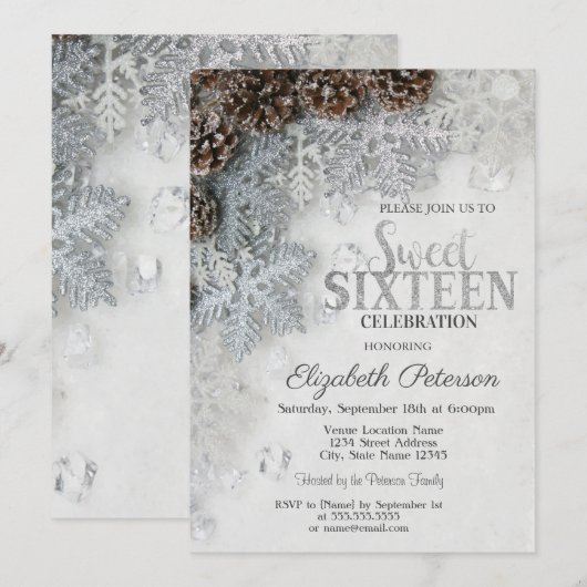 Elegant Glitter Snowflakes Pine Cones Sweet 16 Kaart (Voorkant / Achterkant)