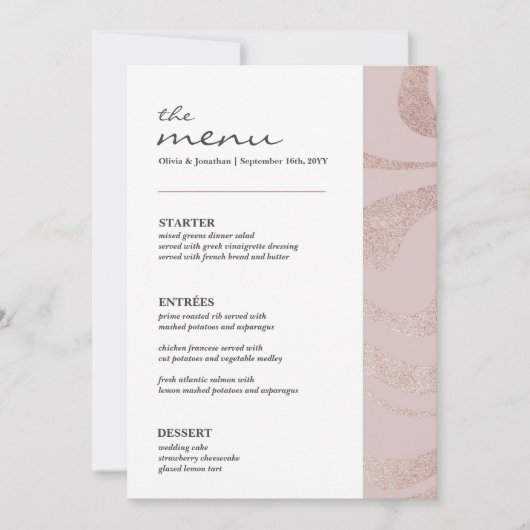 Elegant Glitter Stoffig Roze Trouwtafel Menu Kaart (Voorkant)