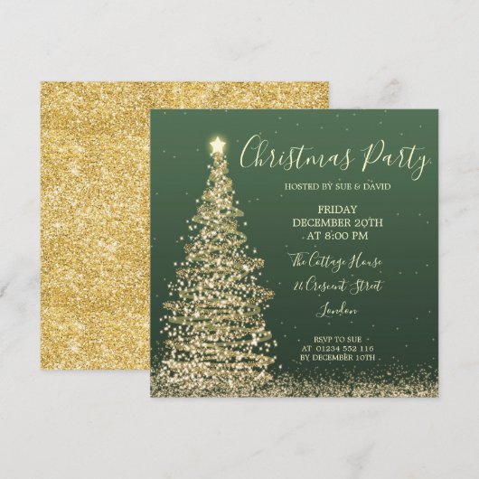 Elegant Glitter Tree Green Kerstparty Kaart (Voorkant / Achterkant)
