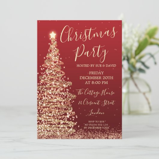 Elegant Glitter Tree Red Kerstparty Kaart (Staand voorkant)