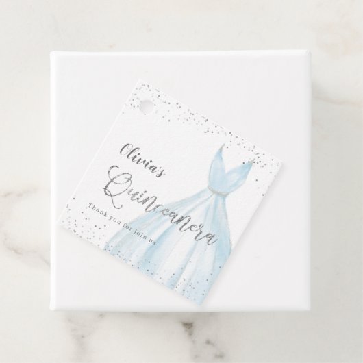 Elegant glitter zilverblauw quinceañera bedankjes labels (In situ)