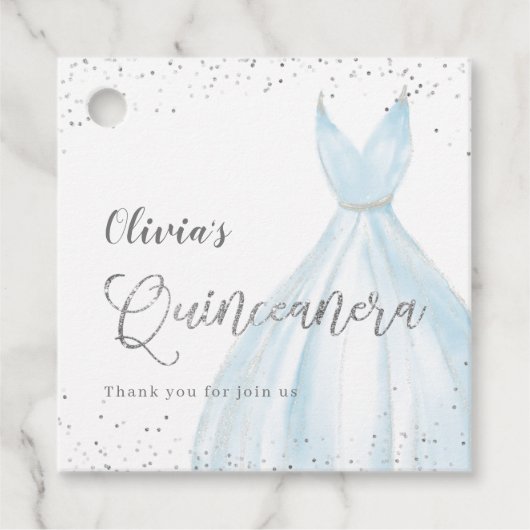 Elegant glitter zilverblauw quinceañera bedankjes labels (Voorkant)