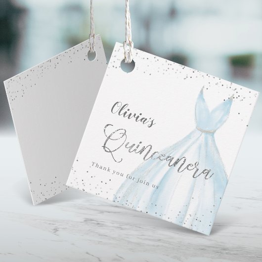 Elegant glitter zilverblauw quinceañera bedankjes labels