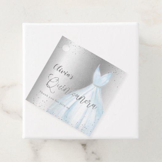 Elegant glitter zilverblauw quinceañera bedankjes labels (In situ)