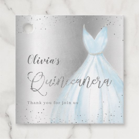 Elegant glitter zilverblauw quinceañera bedankjes labels (Voorkant)