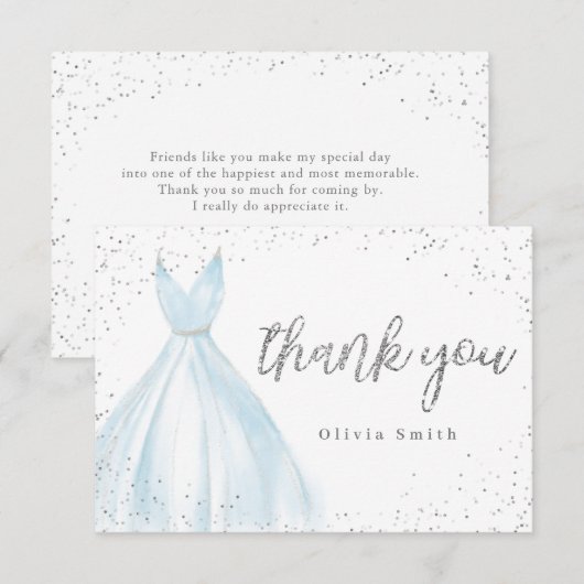 Elegant glitter zilverblauw quinceañera bedankkaart (Voorkant / Achterkant)