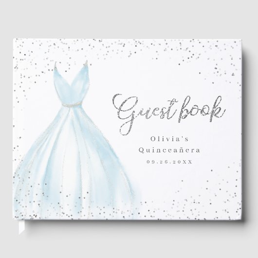 Elegant glitter zilverblauw quinceañera gastenboek (Voorkant)