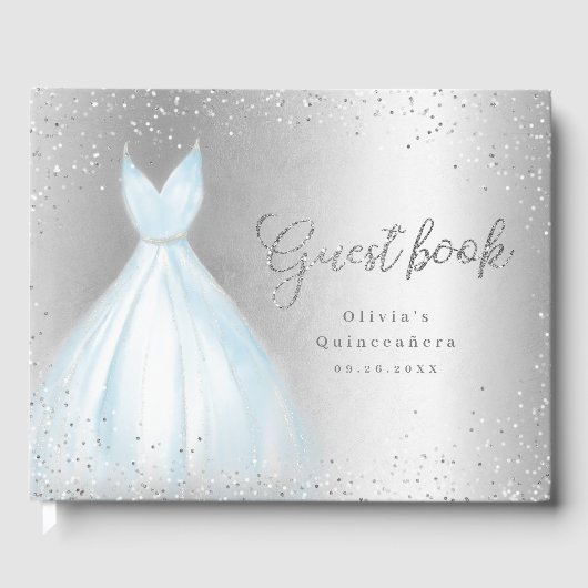 Elegant glitter zilverblauw quinceañera gastenboek (Voorkant)
