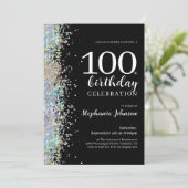 Elegant Glitter Zwart 100e Verjaardagsfeestje Kaart (Staand voorkant)