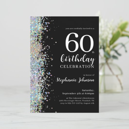 Elegant Glitter Zwart 60e Verjaardagsfeestje Kaart (Staand voorkant)