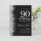 Elegant Glitter Zwart 90ste verjaardagsfeestje Kaart (Staand voorkant)