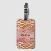 Elegant glittery blush roos animal print monogram bagagelabel (Voorkant (verticaal))