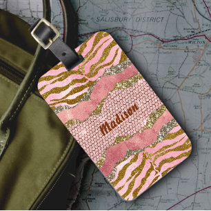 Elegant glittery blush roos animal print monogram bagagelabel