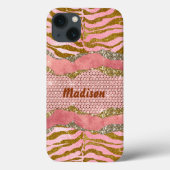 Elegant glittery blush roos animal print monogram Case-Mate iPhone case (Achterkant)