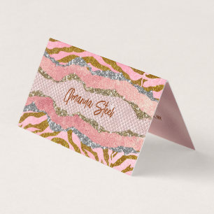 Elegant glittery blush roos animal print monogram visitekaartje