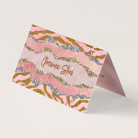 Elegant glittery blush roos animal print monogram visitekaartje (Voorkant)