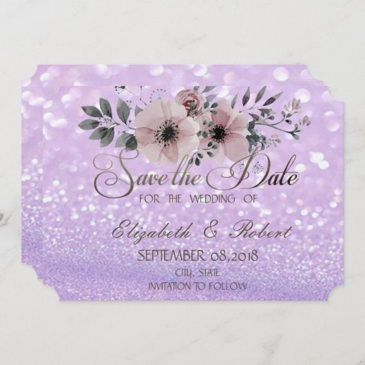 Elegant Glittery Bokeh Floral slaat de datum op Save The Date (Voorkant / Achterkant)