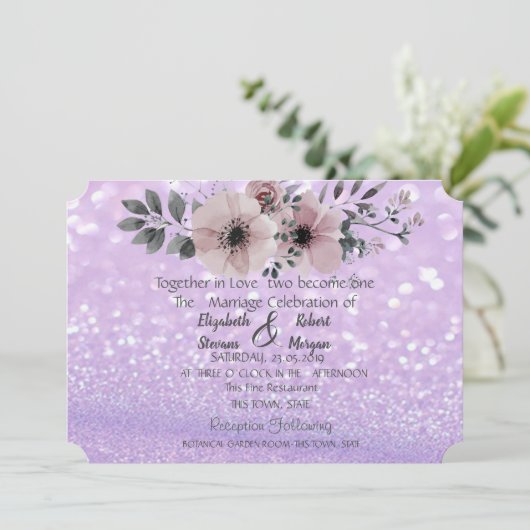 Elegant Glittery Bokeh Floral Wedding Invitation Kaart (Staand voorkant)