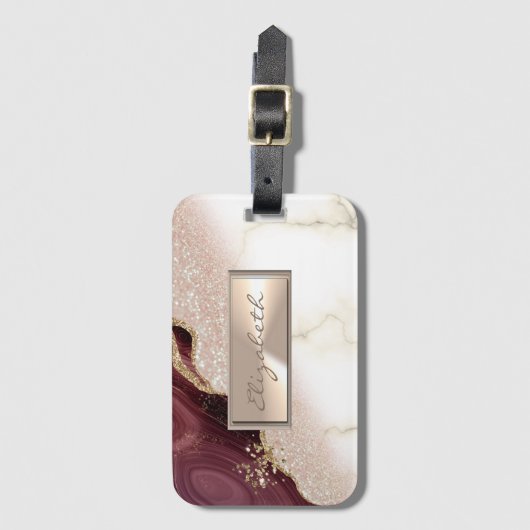 Elegant Glittery Bokeh Ombre, Burgundy Marble Bagagelabel (Voorkant (verticaal))