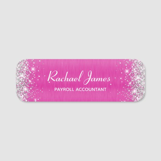 Elegant Glittery Hot Pink Folie Naam Tag (Voorkant)