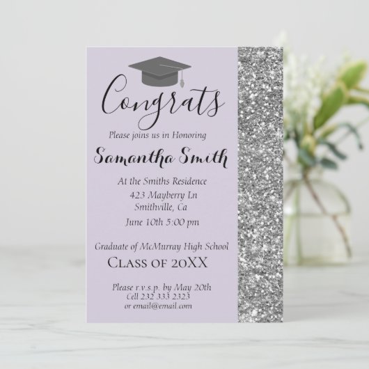 Elegant Glittery Lavender Afstuderen Uitnodiging (Staand voorkant)