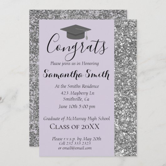 Elegant Glittery Lavender Afstuderen Uitnodiging (Voorkant / Achterkant)