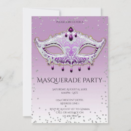 Elegant Glitzy Lila Masquerade Party Kaart (Voorkant)