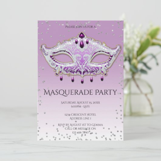 Elegant Glitzy Lila Masquerade Party Kaart (Staand voorkant)