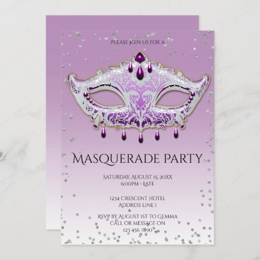 Elegant Glitzy Lila Masquerade Party Kaart (Voorkant / Achterkant)