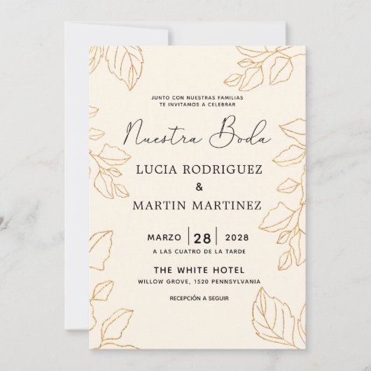 Elegant Glod Leaf Crème Spaans Nuestra Boda Kaart (Voorkant)