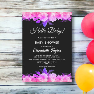 Elegant Glow Rozen Neon Modern Floral Baby shower Kaart