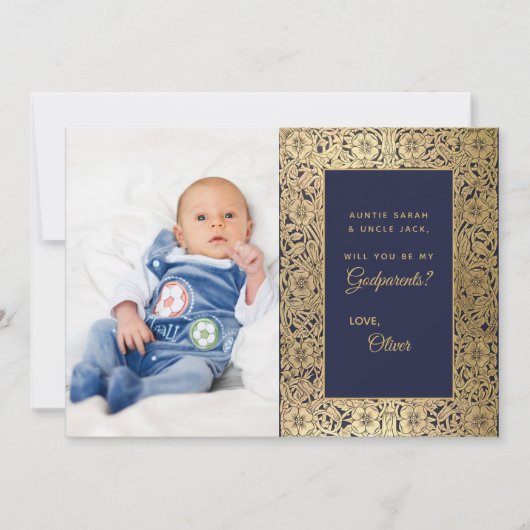 Elegant Godparent Proposal Gold Blue-fotokaart Bedankkaart (Voorkant)