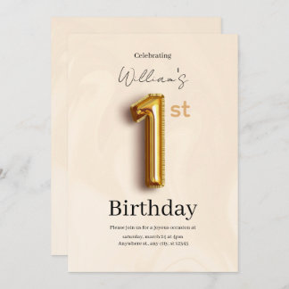 Elegant Gold 1st Birthday Invite, Minimalist Boy  Kaart