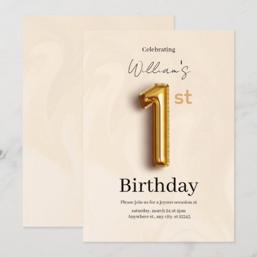 Elegant Gold 1st Birthday Invite, Minimalist Boy  Kaart (Voorkant / Achterkant)