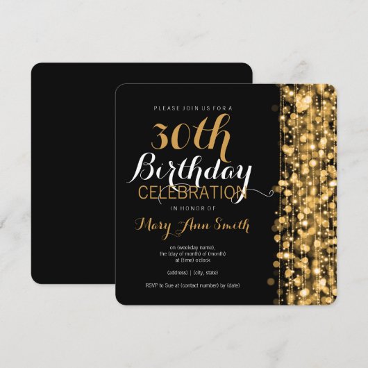 Elegant Gold 30th Birthday Party Sparkles Kaart (Voorkant / Achterkant)