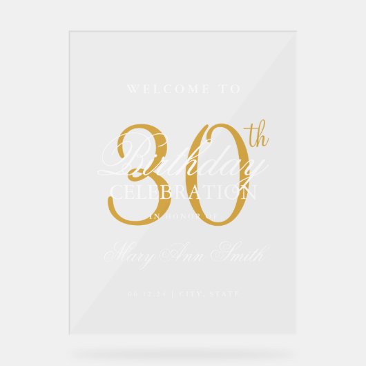 Elegant Gold 30th Birthday Party Welkom Acryl Bord (Voorkant)