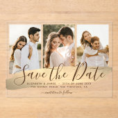 Elegant Gold 3 foto bruiloft Bewaar de datum Acryl Uitnodigingen (Voorkant)