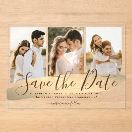 Elegant Gold 3 foto bruiloft Bewaar de datum Acryl Uitnodigingen