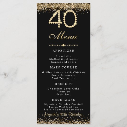 Elegant Gold 40th Birthday Dinner Flat Menu (Voorkant)
