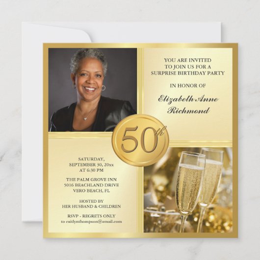 Elegant Gold 50th Birthday Party Photo Invitations Kaart (Voorkant)