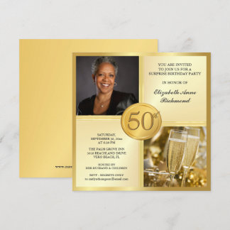 Elegant Gold 50th Birthday Party Photo Invitations Kaart