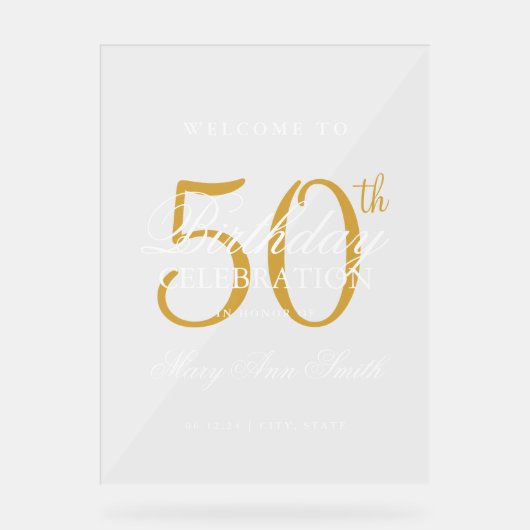 Elegant Gold 50th Birthday Party Welkom Acryl Bord (Voorkant)