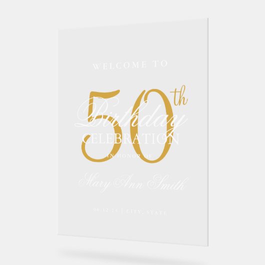 Elegant Gold 50th Birthday Party Welkom Acryl Bord (Hoek)