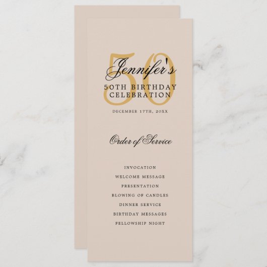 Elegant Gold 50th Birthday Program Menu Champagne Kaart (Voorkant / Achterkant)