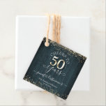 Elegant Gold 50th Birthday Script Bedankjes Labels<br><div class="desc">De mooie faux goudglitter confetti hoogtepunten op de boven- en ondergrens. Alle tekst kan worden aangepast en kan eenvoudig worden gewijzigd voor uw eigen wensen. Geweldig elegante 50e verjaardag sjabloon. Blauw hout textureerde achtergrond.</div>