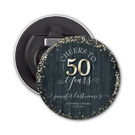 Elegant Gold 50th Birthday Script Button Flesopener (Voorkant)