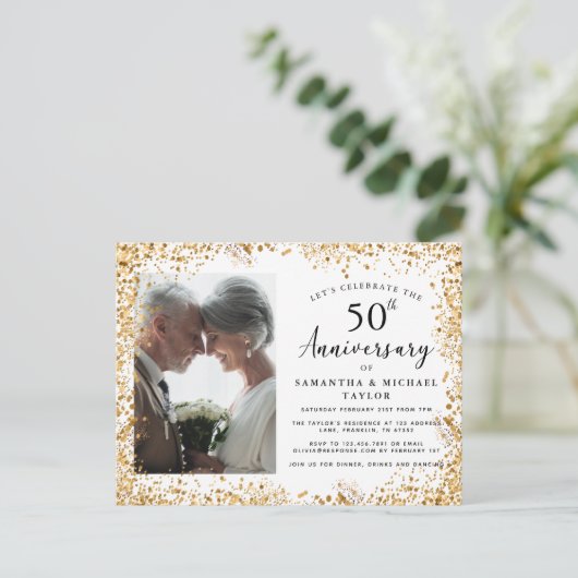 Elegant Gold 50th Wedding Anniversary Uitnodiging Briefkaart (Staand voorkant)
