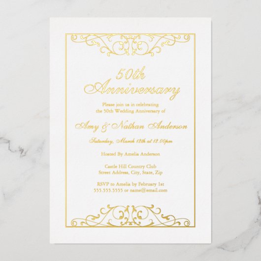 Elegant Gold 50th Wedding Jubileum Folie Uitnodiging (Voorkant)
